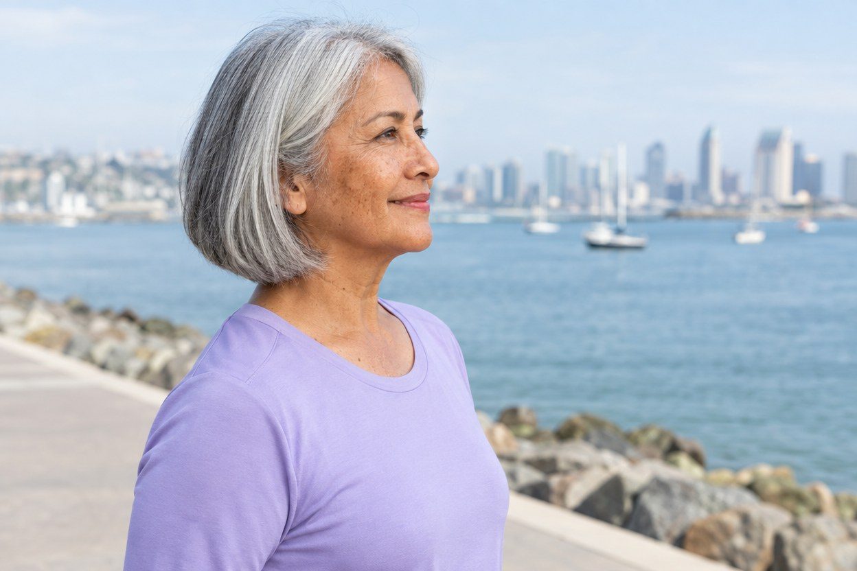 Chest-up side-profile candid photo of an older adult woman with a silver bob haircut in a fresh lavender running top, resting with a gentle smile after a short easy walk beside San
