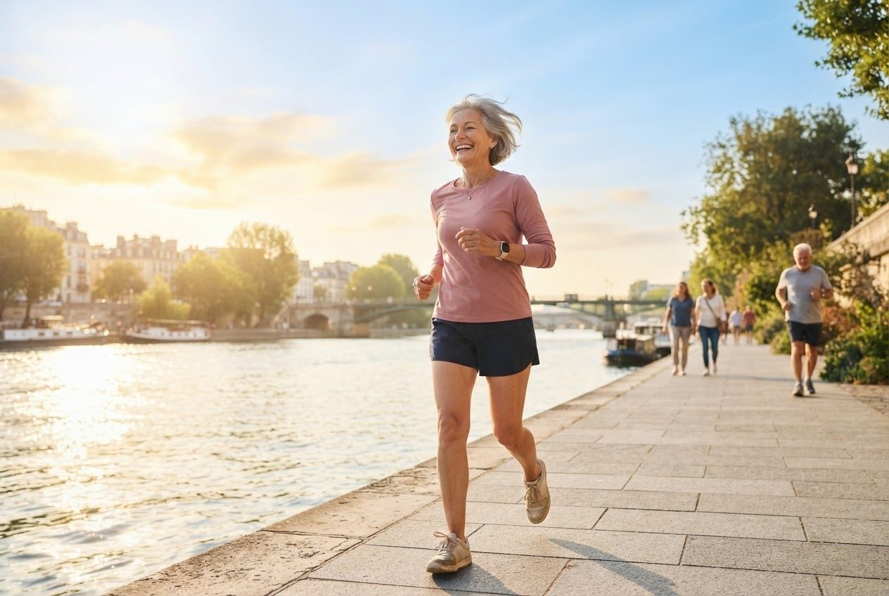 An older woman jogging happily and very slowly along a sunlit riverside promenade, completely relaxed, warm bright light