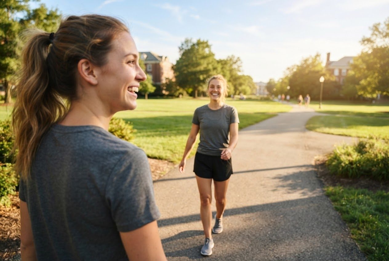 A runner slowing to a walk mid-run, entirely unbothered, smiling in the sun