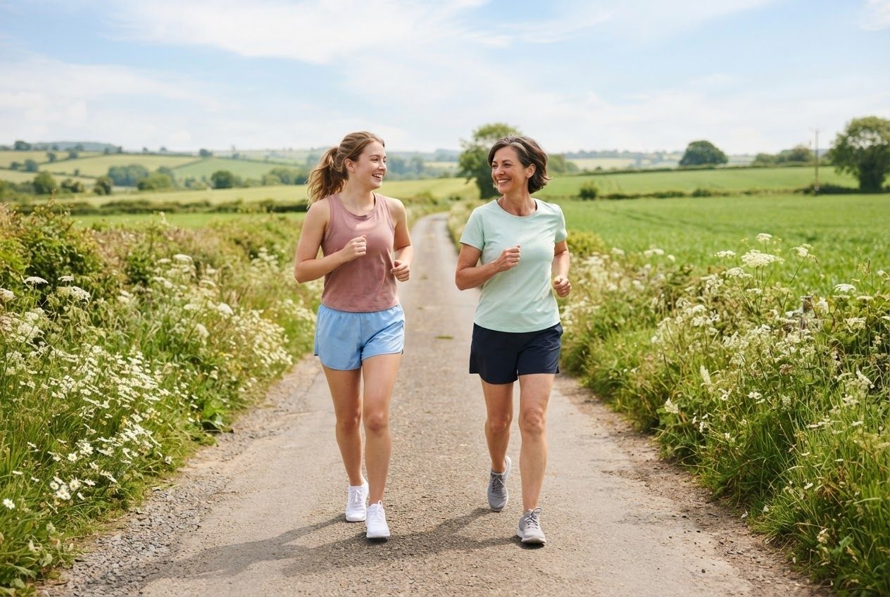 Two runners of different ages moving at the same easy pace side by side, chatting