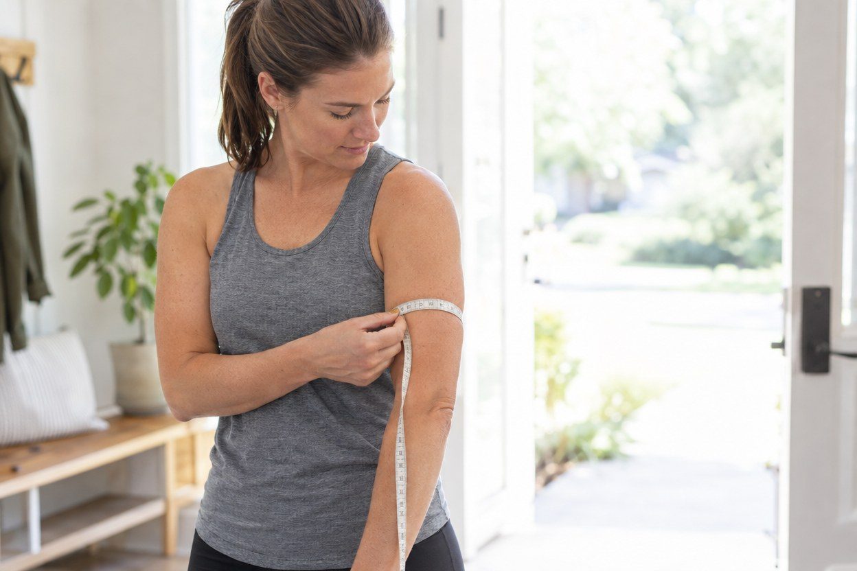 A woman in a gray sleeveless top holds a measuring tape around her upper arm beside a bright open doorway.
