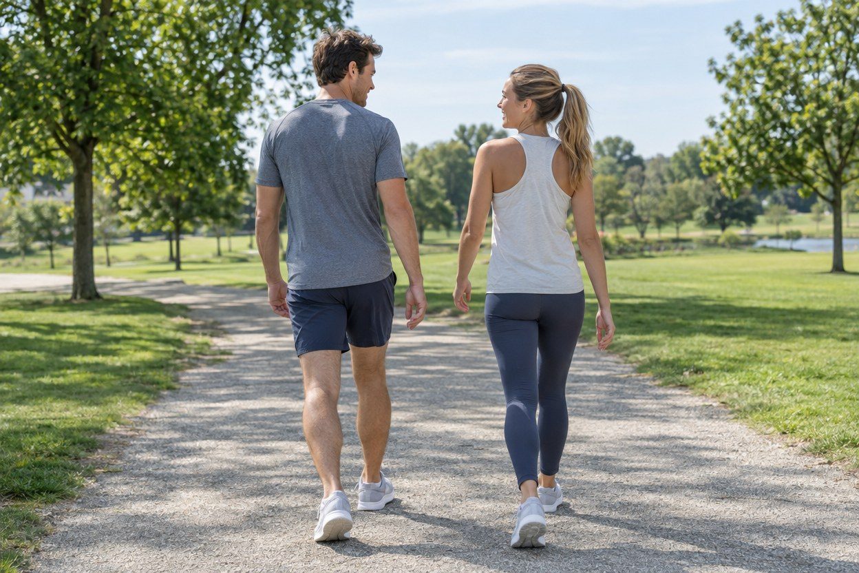 A man in a gray shirt and a woman in a light-gray top walk away together along a sunny park path.