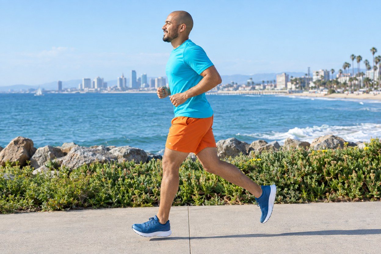 Low-angle right-profile wide photo of a Hispanic American father with a shaved head and short beard, vivid turquoise shirt and orange shorts, jogging right to left on a sunny San D