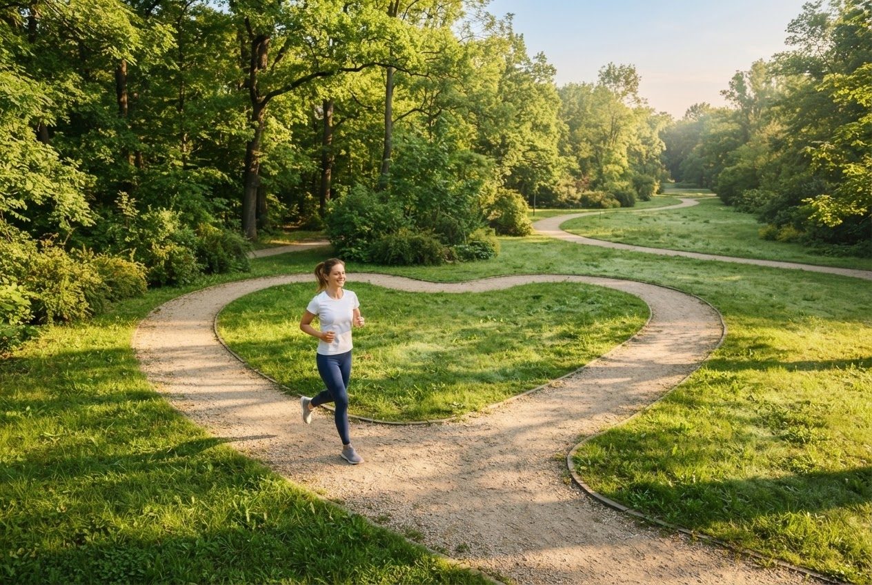Top-down view of a small looping park path seen from above, a single runner mid-loop, morning light across grass