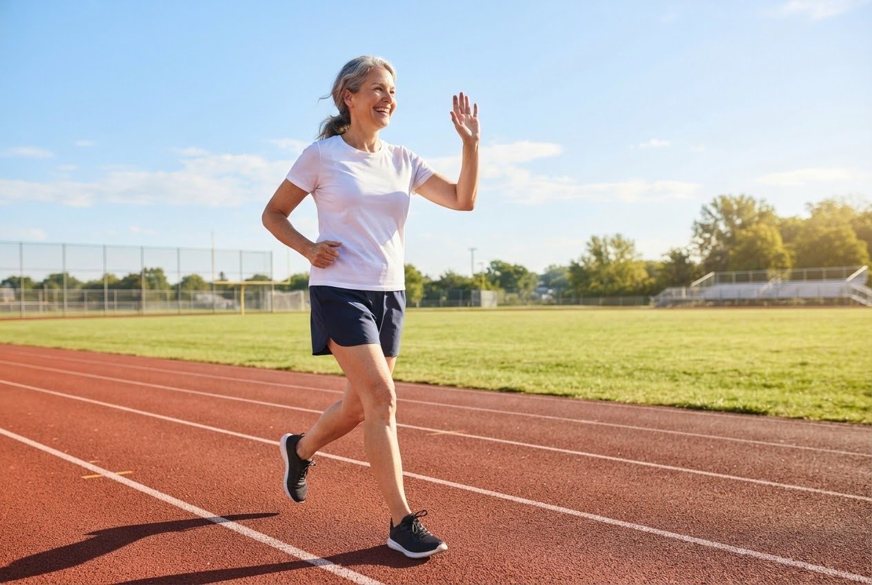 A runner waving to someone across a bright park path mid-run