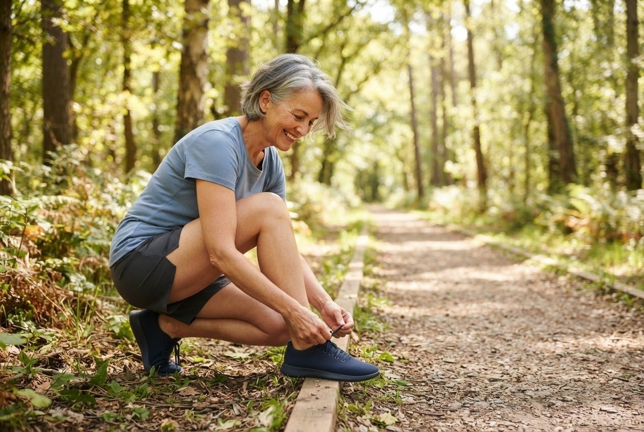 A runner tying a shoelace on a sunny kerb, cheerful and ready