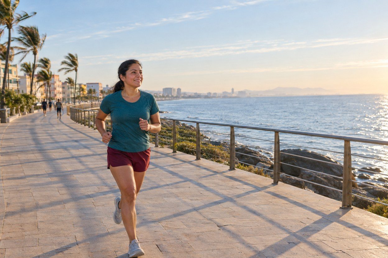 A runner in a teal top on a sunny coastal path.