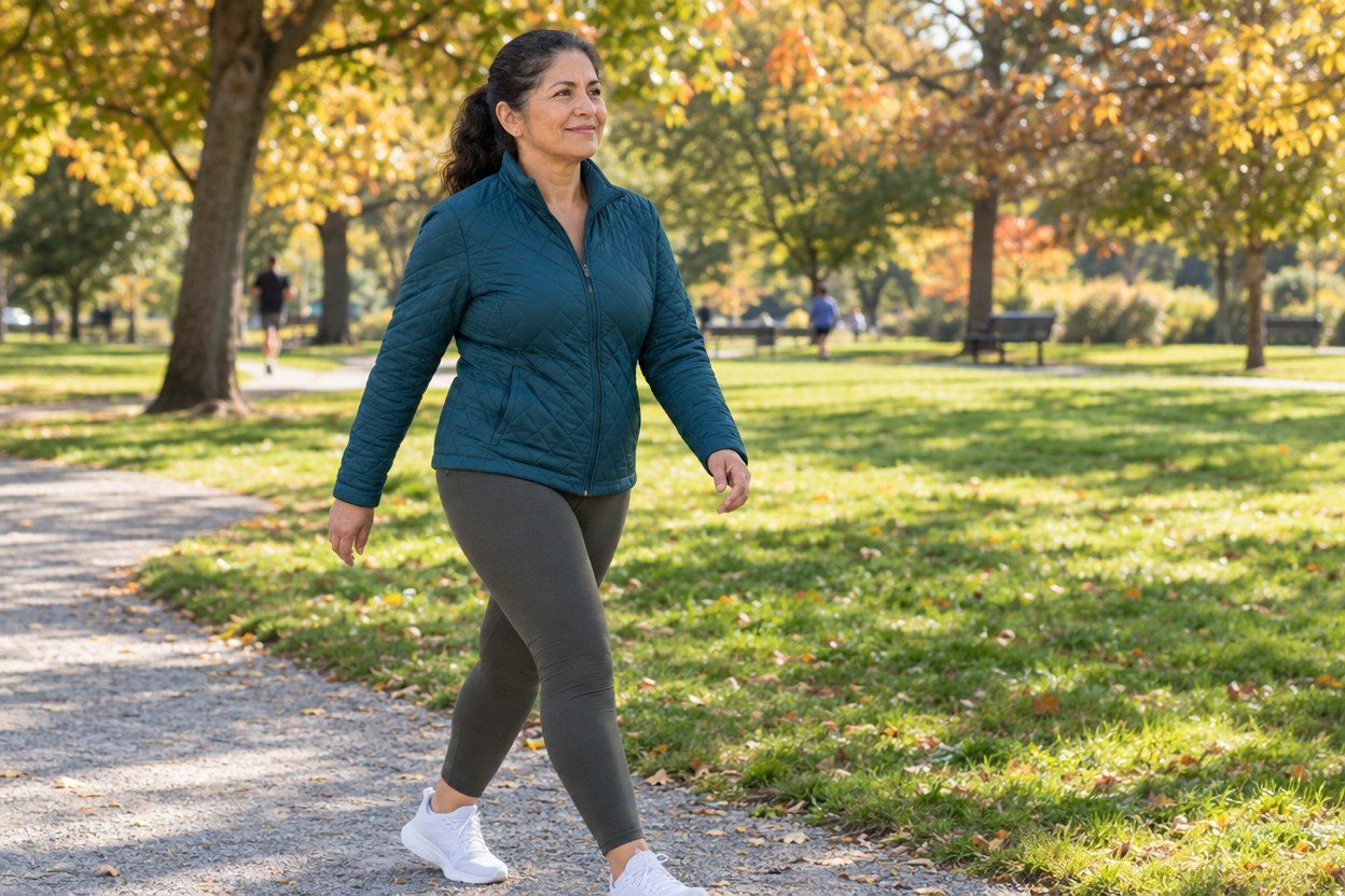 A person in a teal jacket and olive trousers walking through a park.