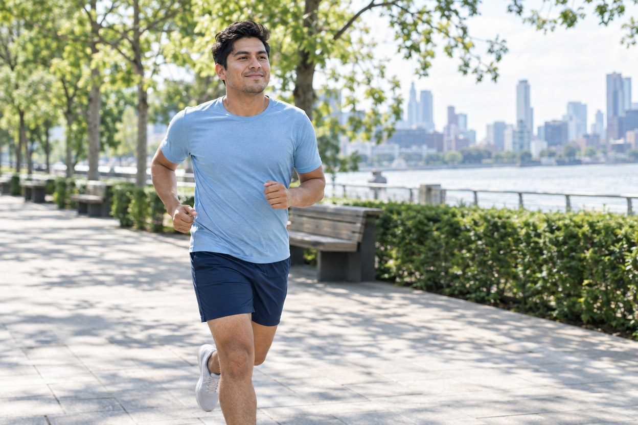 A runner in a blue shirt jogging on a sunny promenade.