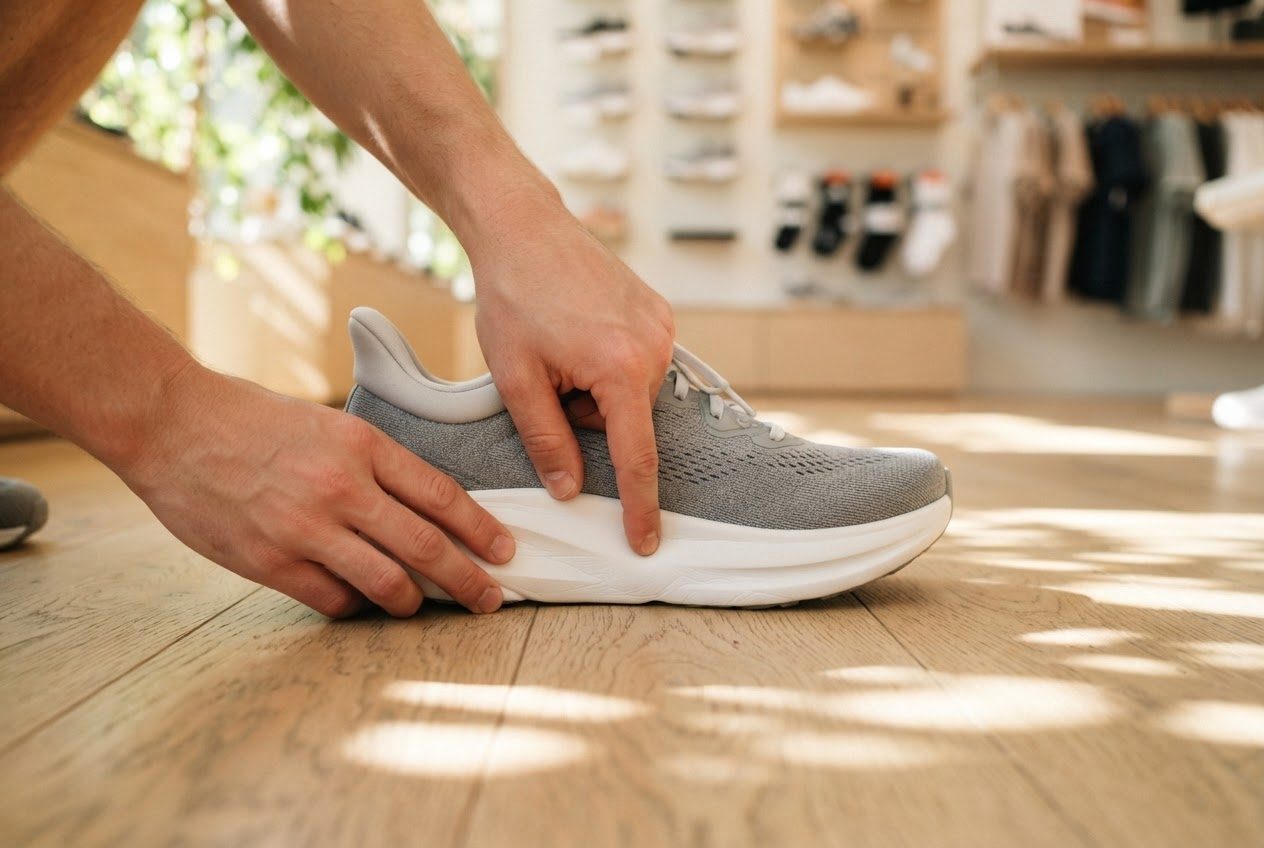 Close view of hands pressing the midsole cushioning of a running shoe to test it, shop shelving softly out of focus behind