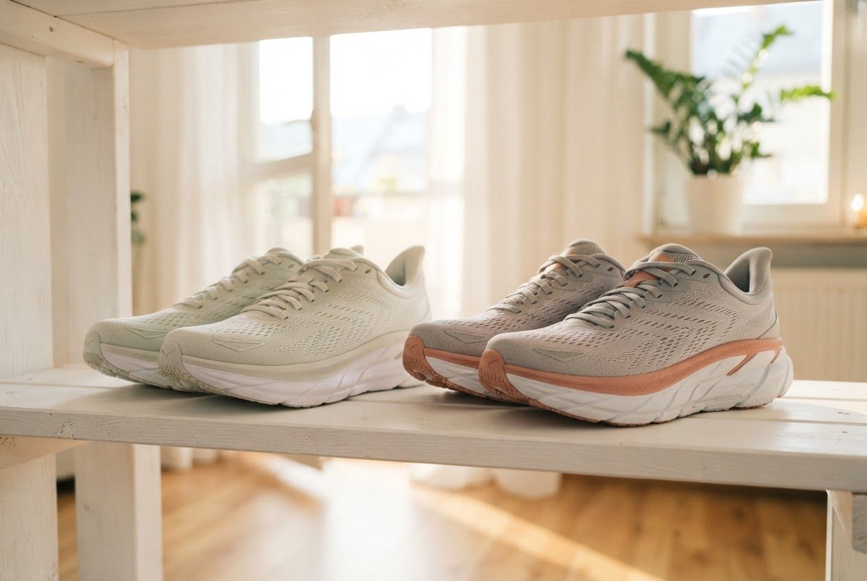 Two pairs of cushioned running shoes with foam midsoles and mesh uppers on a bright shelf, clearly athletic not casual