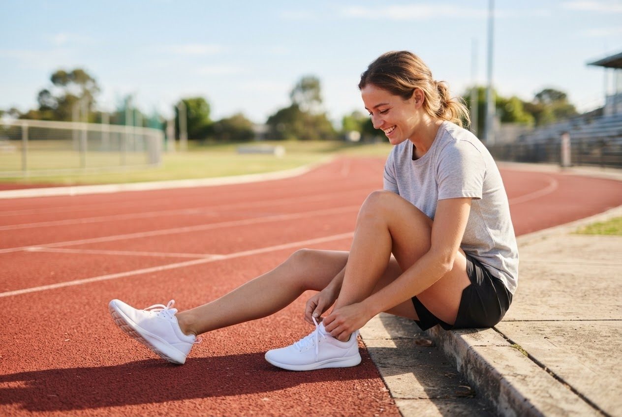 A runner lacing up on a sunny kerb, pleased and ready to go