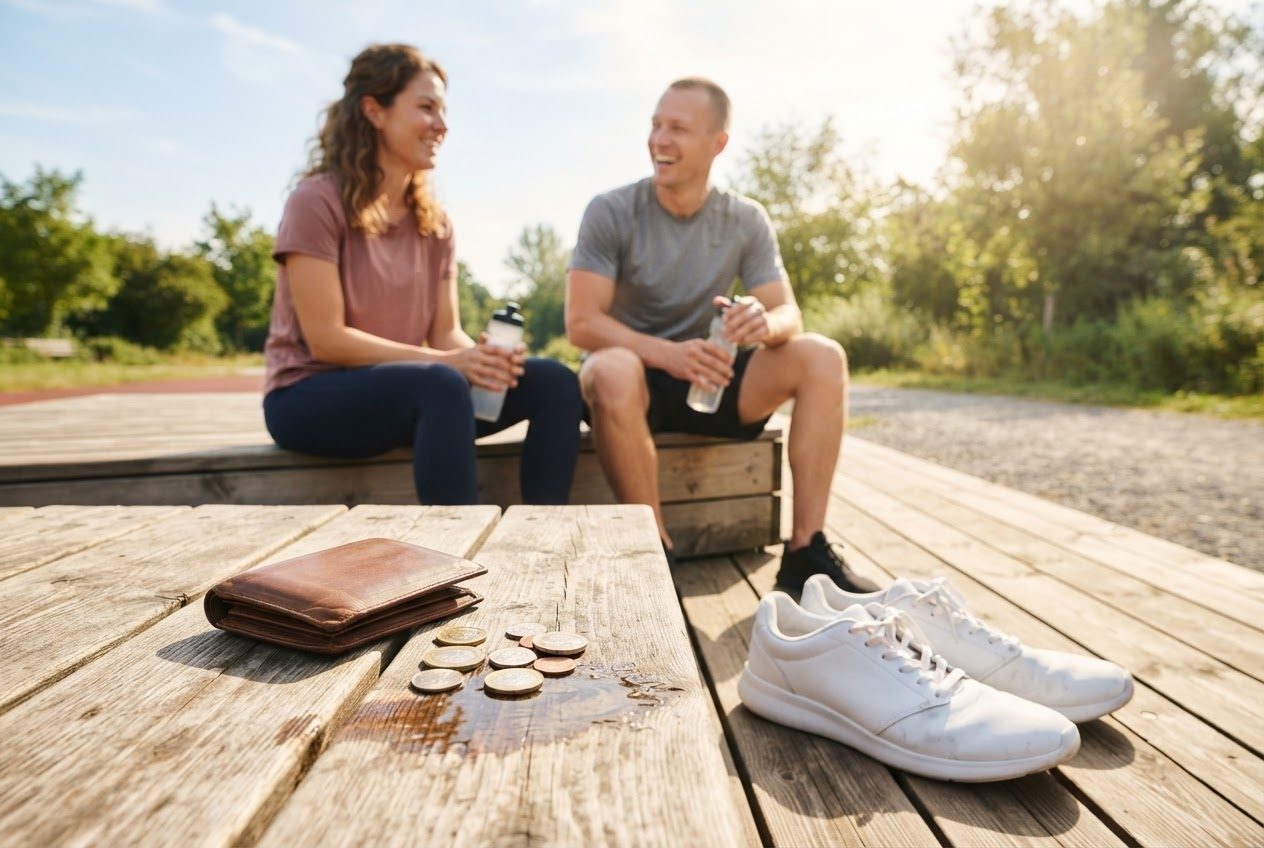 A simple wallet and a few coins on a sunlit wooden table beside clean running shoes, bright and tidy