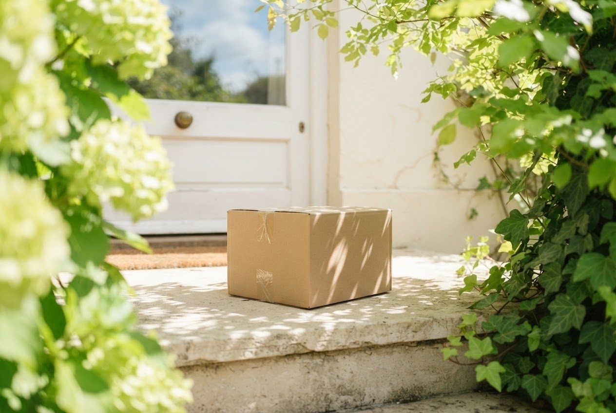 A small plain parcel resting on a sunny doorstep, no labels visible