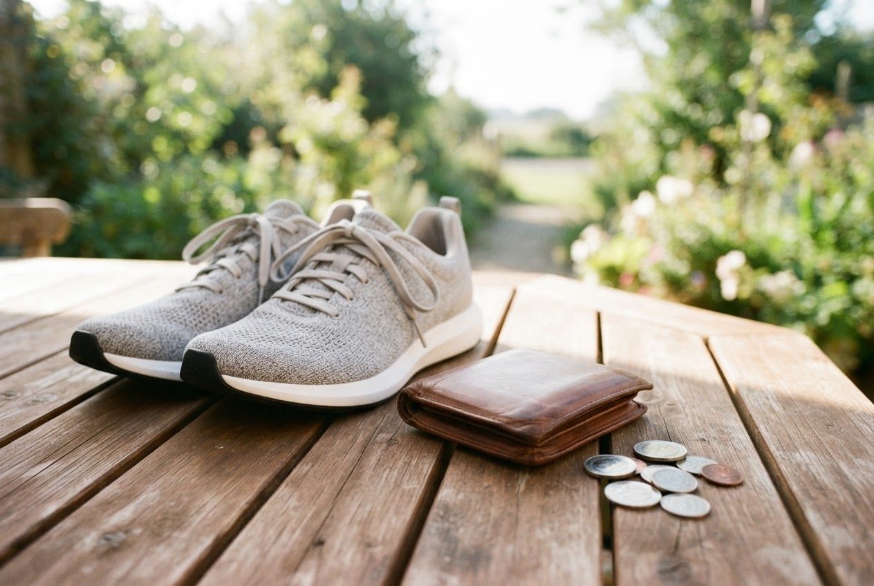 A sunlit wooden table with a wallet and a few coins beside clean running shoes
