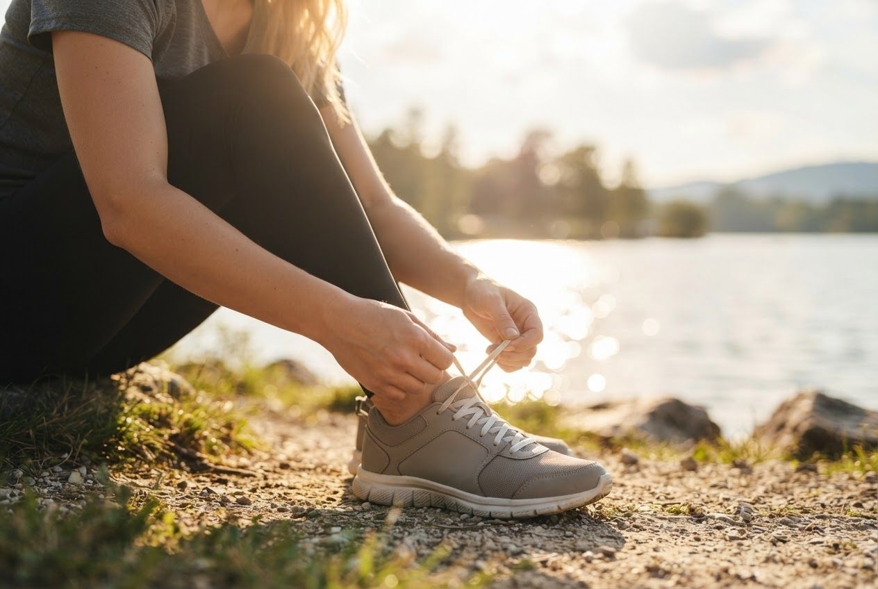 Close view of hands pulling a shoelace snug and tying it firmly, showing the idea of a secure but not painful fit, morning light