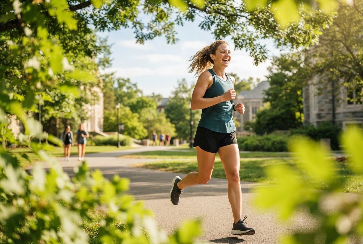 A bare upper arm and shoulder of a runner mid-stride in bright sunlight, nothing worn on the arm