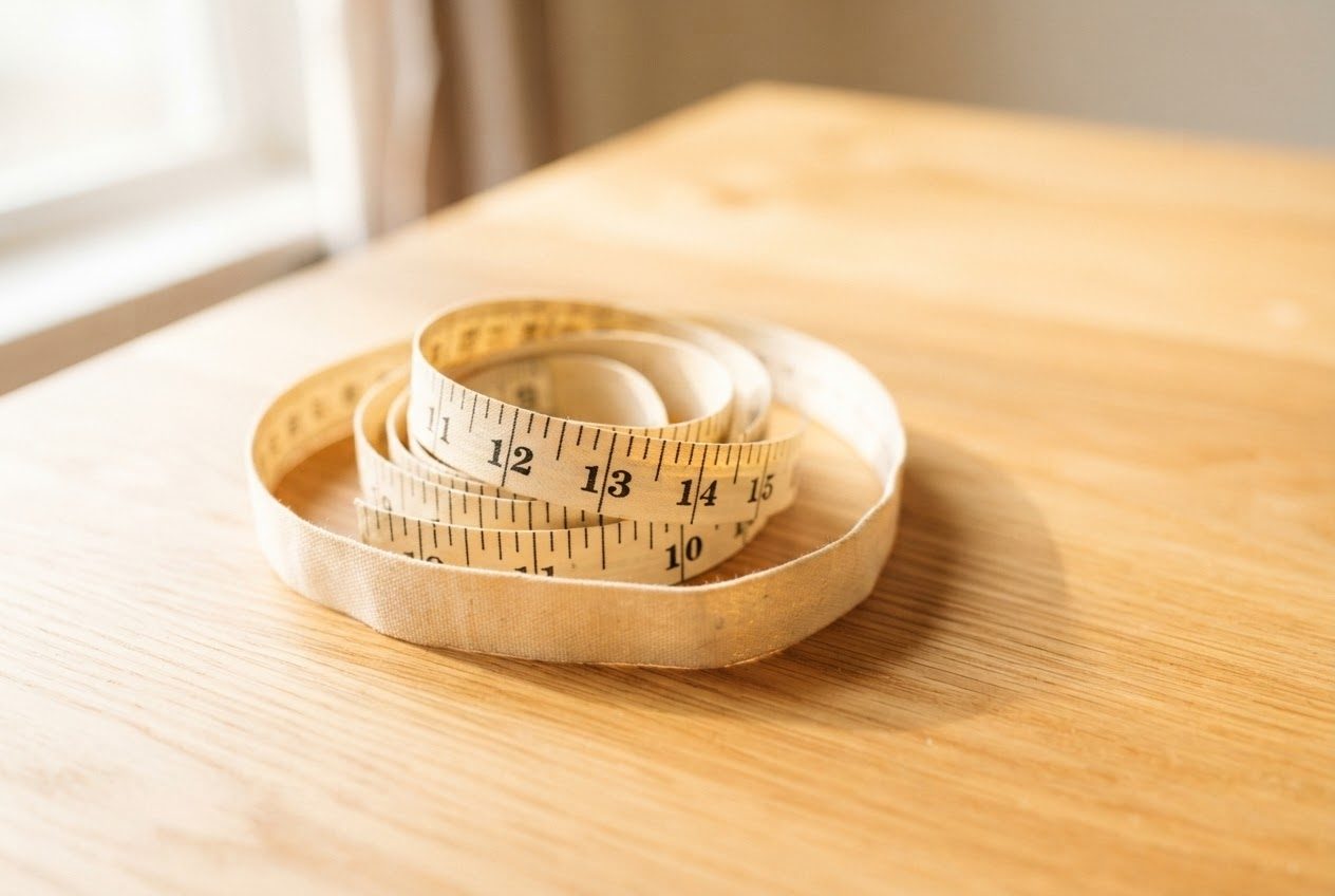 A soft flexible fabric sewing tape measure with clear printed inch numbers, loosely curled on a sunlit wooden table