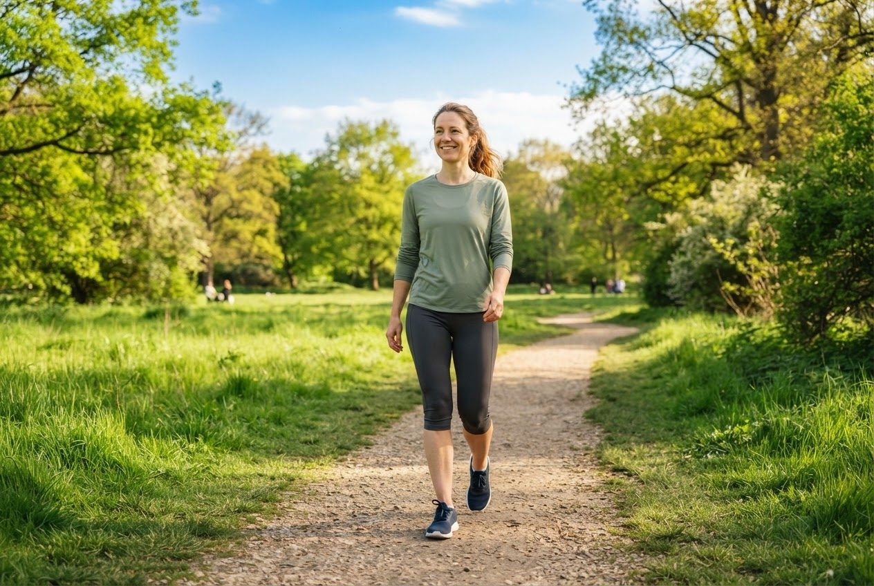 A woman easing into a relaxed walk mid-run on a sunny green path, unhurried and content, bright daylight
