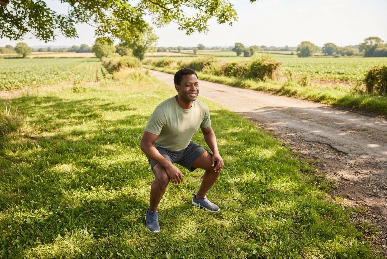 A runner doing a slow controlled squat on sunlit grass, careful and calm