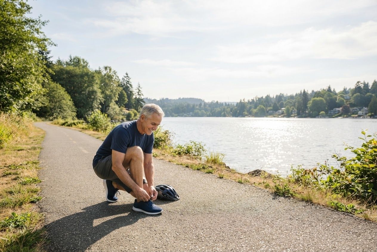 An American man in his sixties, an ordinary beginner runner, checks the empty toe space inside a loosely laced running shoe before setting off on a lakeside loop path with sparklin