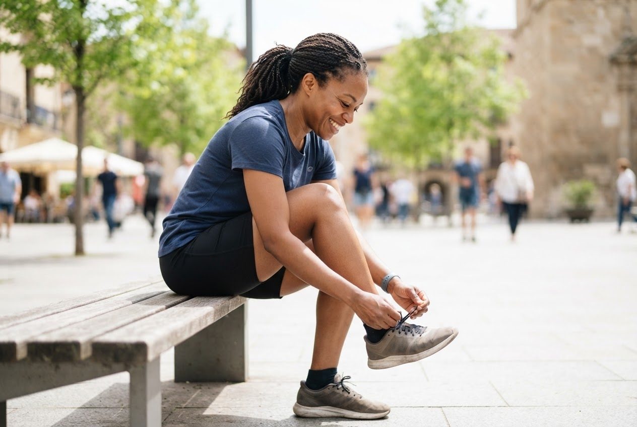 A Black American woman in her thirties, an ordinary beginner runner, ties a secure heel-lock lace on a plain running shoe while seated on a low bench in a bright town square with y