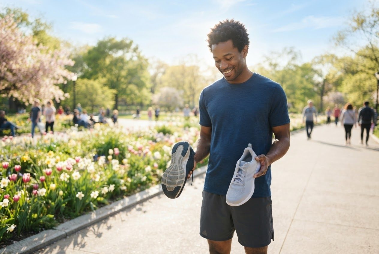 The hands of a Black American man in his twenties, an ordinary beginner runner, turn over a clean running shoe to compare its tread with a newer pair on a flower-lined park walkway