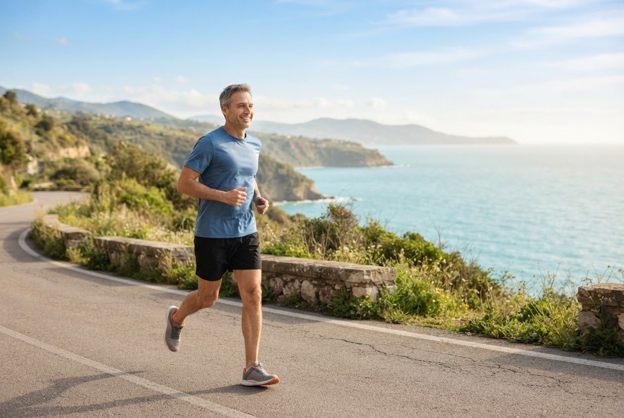 A man running steadily along an open coastal road, sea on one side, wide horizon, clear morning light