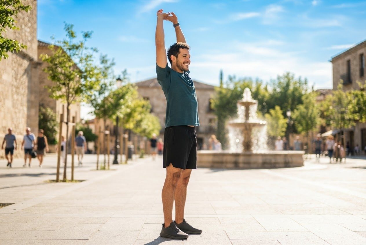 A runner stretching their arms overhead at the end of a run under a wide blue sky