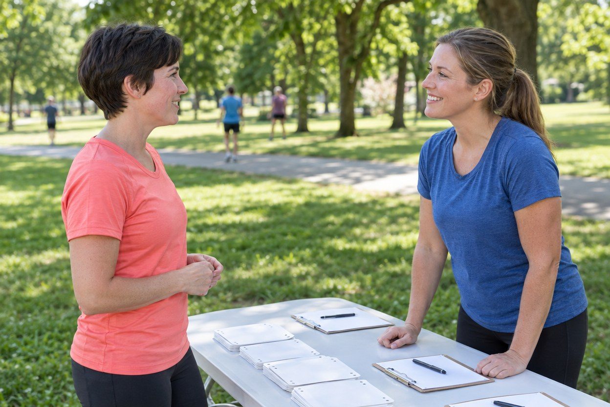 Two women in coral and blue shirts smile across a folding table holding clipboards and blank bibs in a park