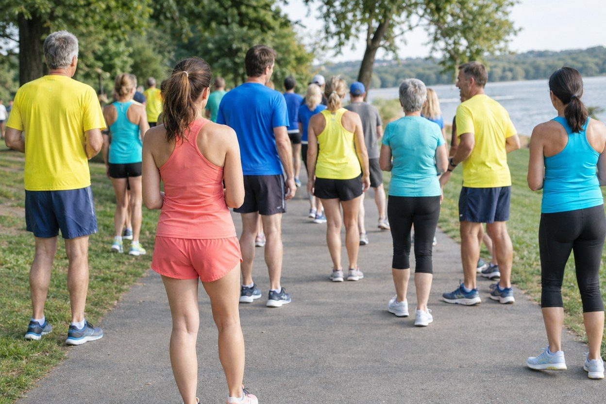 A group of men and women in coral, yellow, blue, and teal activewear gathers on a lakeside park path, seen from behind