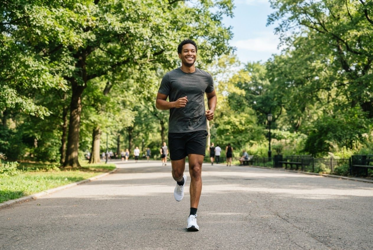 A runner glancing down at a phone screen for a second mid-run, then looking back up smiling