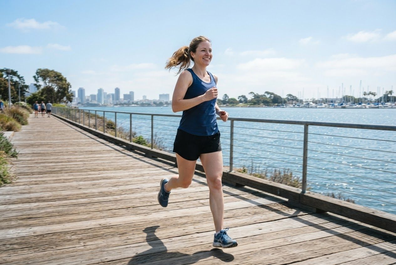 Two runners jogging side by side chatting, neither carrying anything in their hands