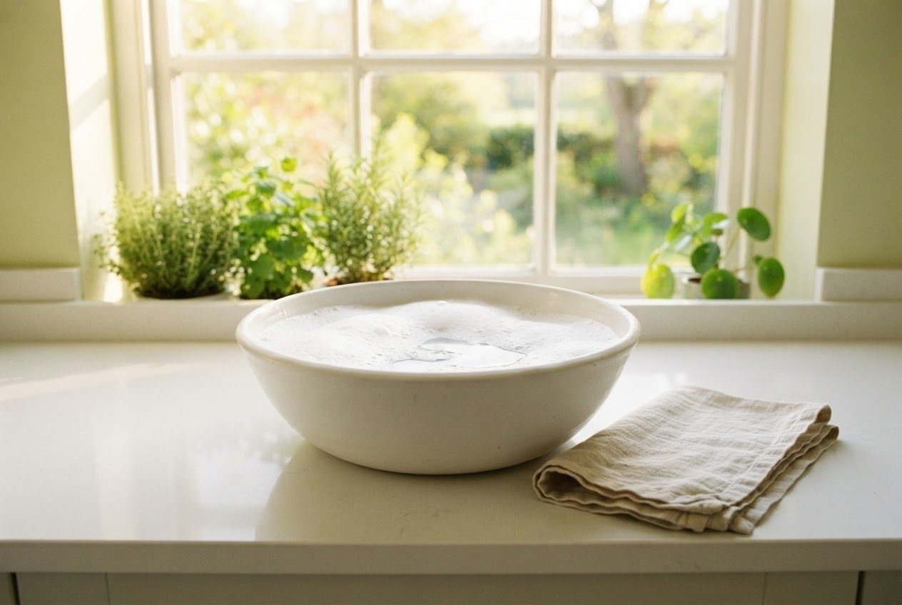 A shallow basin of soapy water with a soft cloth beside it on a bathroom counter, morning light, hands not visible