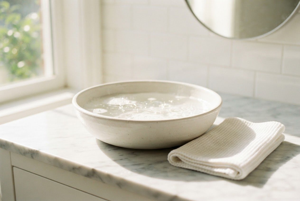 A bright bathroom counter with a shallow basin of soapy water and a clean folded cloth