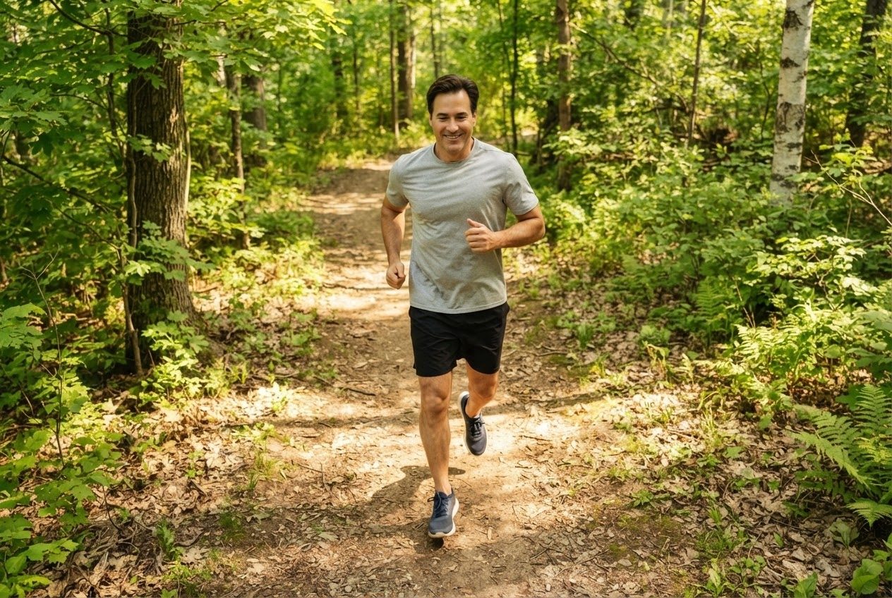 A bare upper arm and shoulder of a runner mid-stride in bright sunlight, nothing worn on the arm