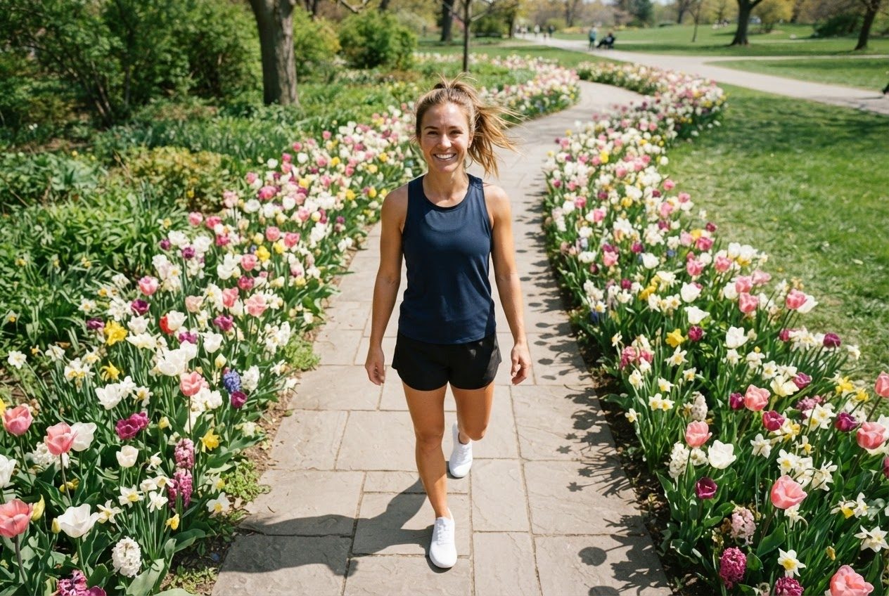 A runner slowing to a walk mid-run, entirely unbothered, smiling in the sun