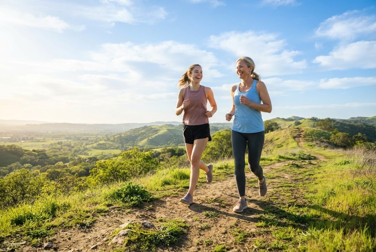 Two runners of different ages moving at the same easy pace side by side, chatting