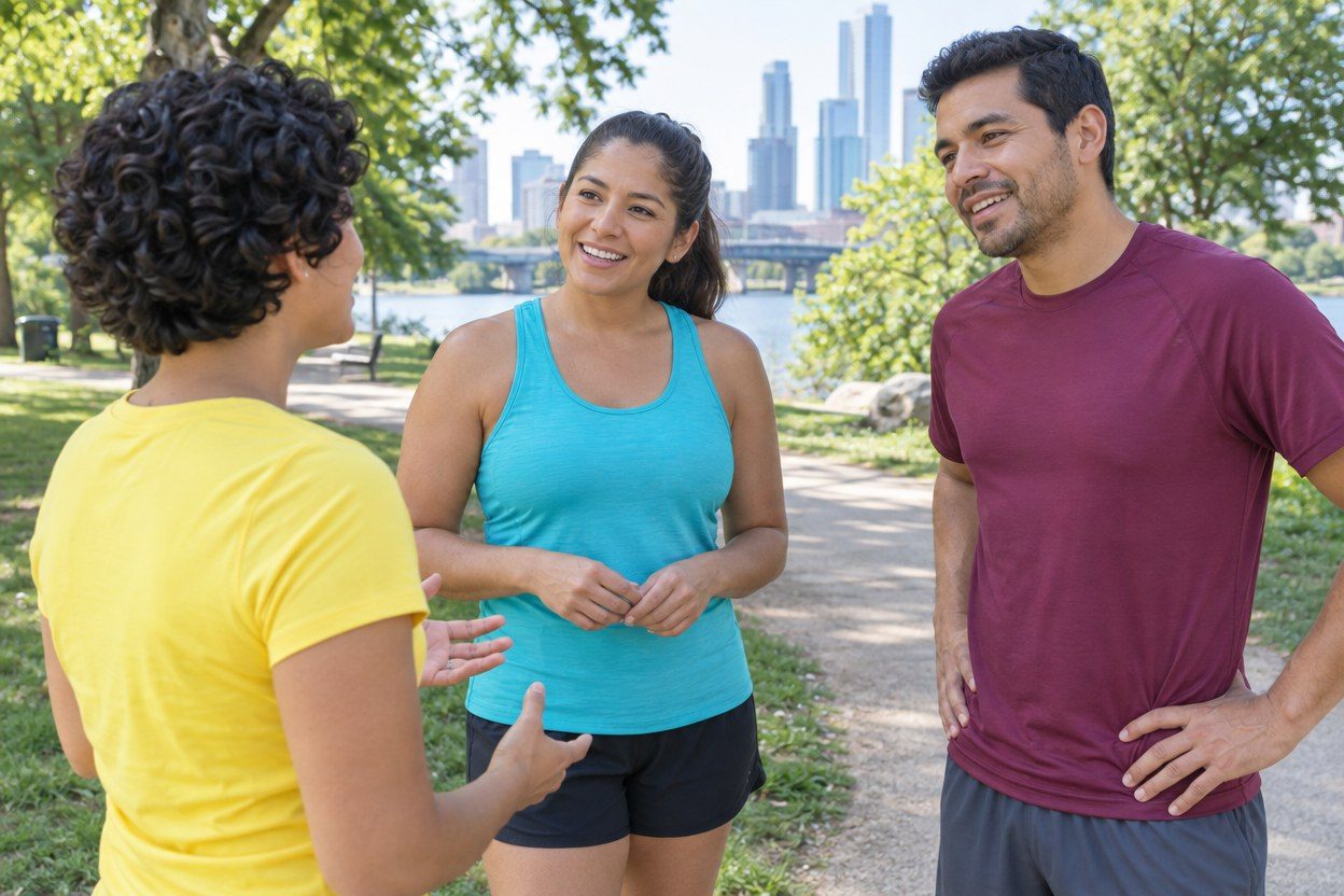 Eye-level over-the-shoulder photo of a newcomer woman with a short curly haircut in a sunny yellow top asking two experienced adult running-club members in turquoise and berry tops