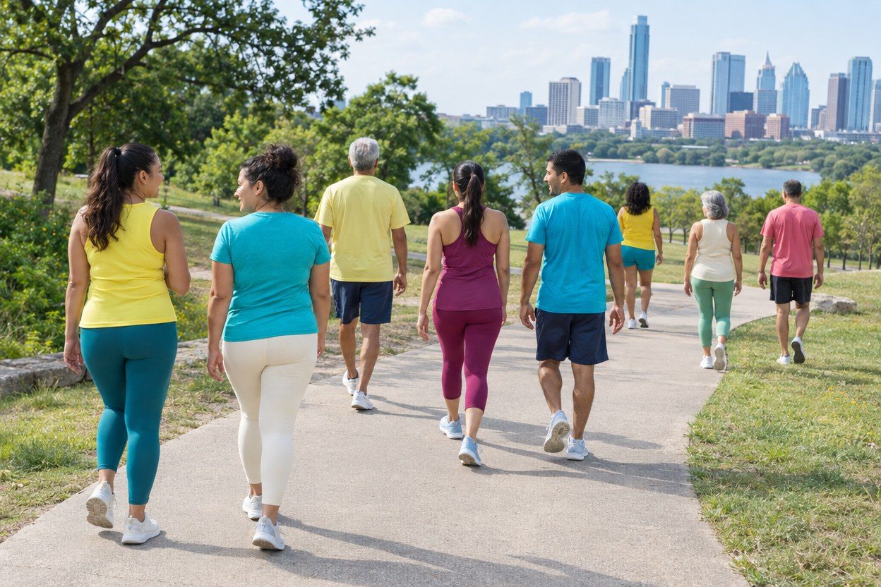 High wide view of a small mixed-pace community group walking away from an Austin park meeting point together, some chatting in pairs, plenty of space, varied ages and coordinated b