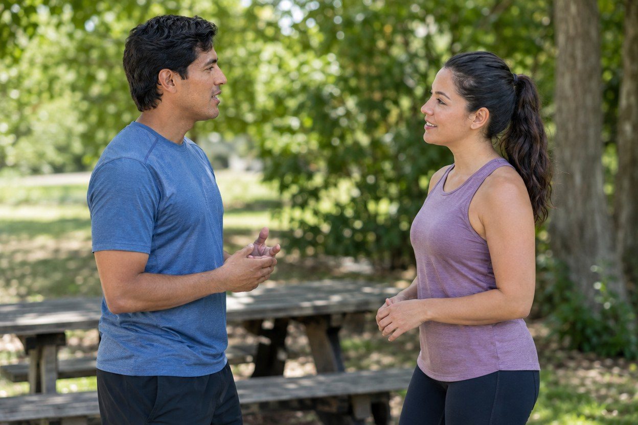 Two people chatting beside a shaded park picnic table.