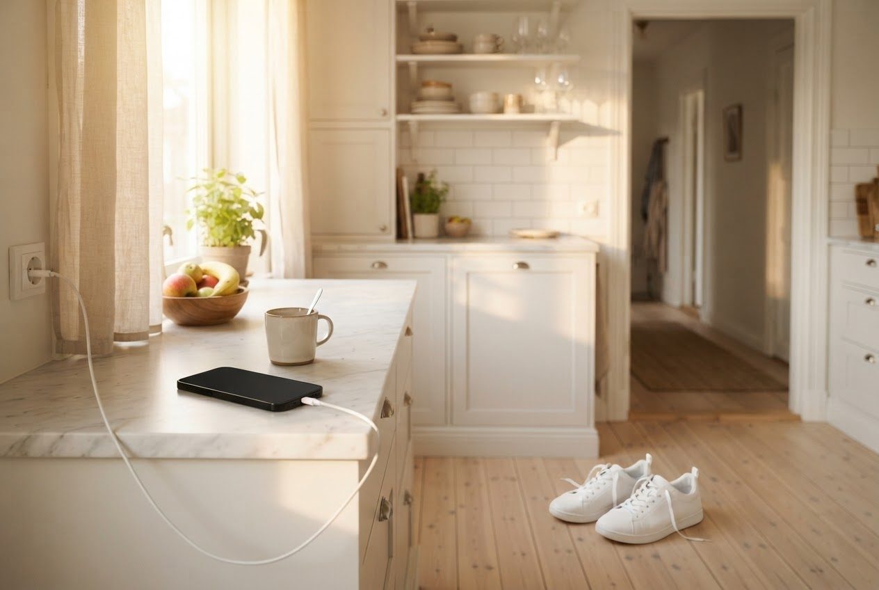A smartphone charging on a bright sunlit kitchen counter in the morning, running shoes waiting cheerfully by the door