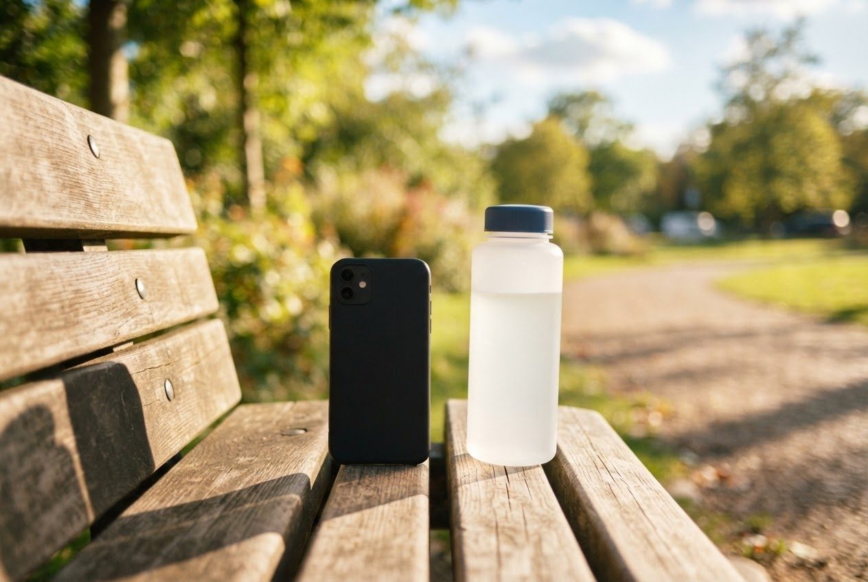 A smartphone lying face down on a sunny bench beside a water bottle, bright clean light