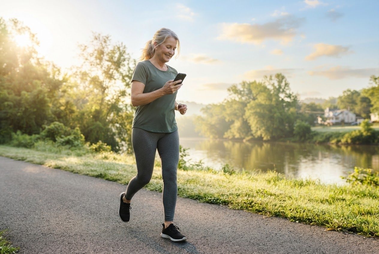 A hand gripping a phone mid-run with the arm swing visibly restricted, the runner glancing at it awkwardly