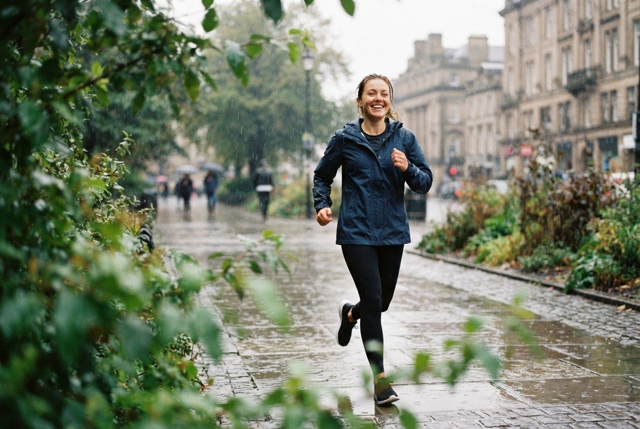 Rain falling steadily on a city path while a runner jogs on cheerfully, water beading on a jacket sleeve, lively and unbothered