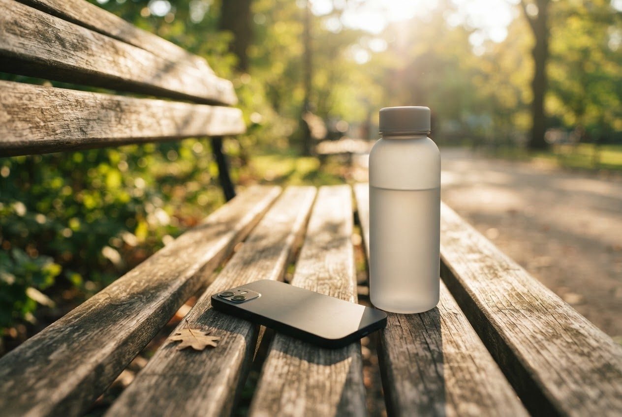 A smartphone lying face down on a sunny bench beside a water bottle, bright clean light