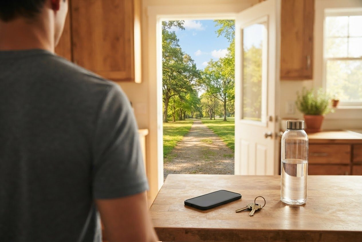 A bright kitchen counter with a phone, keys and a water bottle laid out before a run
