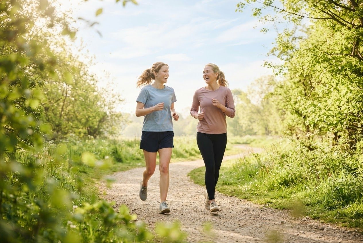 Two friends running side by side and clearly talking mid-run, relaxed and laughing slightly, bright morning light