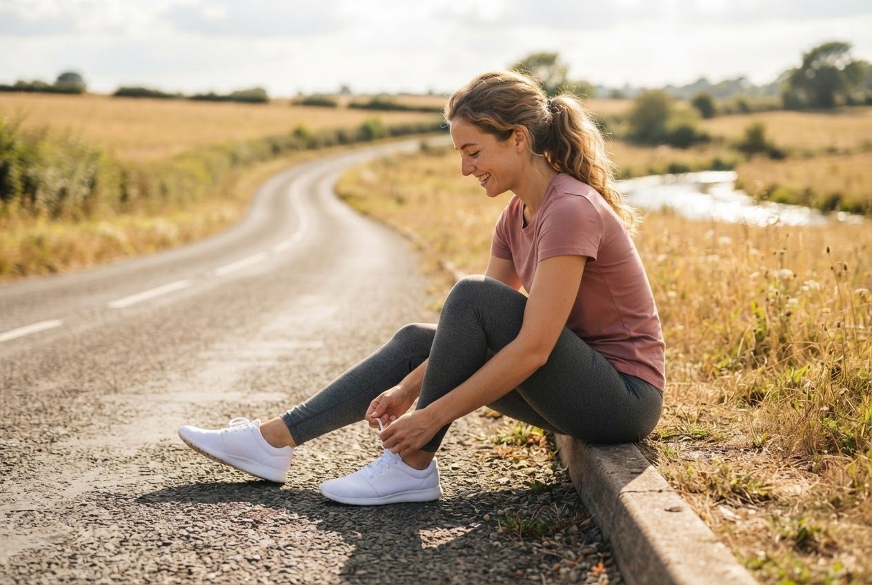 A runner tying a shoelace on a sunny kerb, cheerful and ready