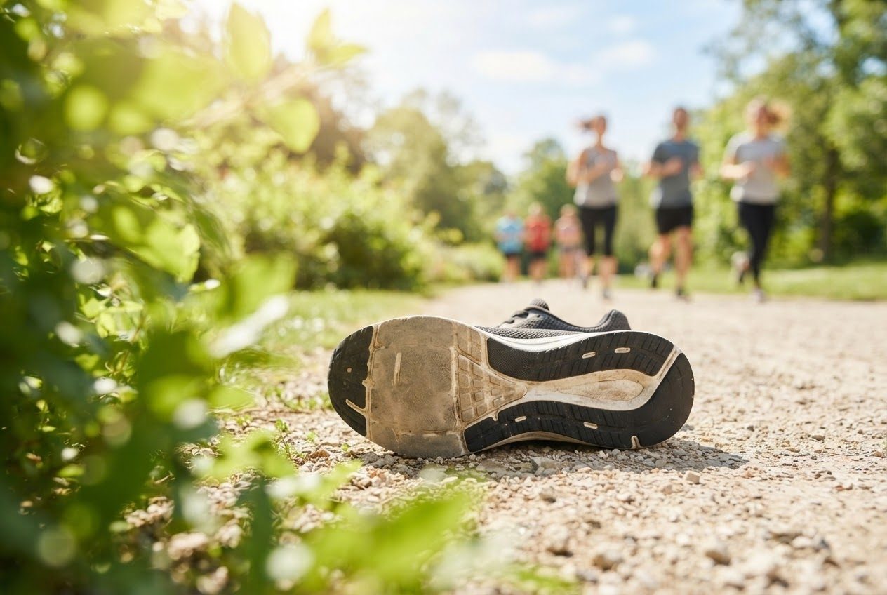 Close view of a running shoe sole in bright light showing worn and unworn tread side by side
